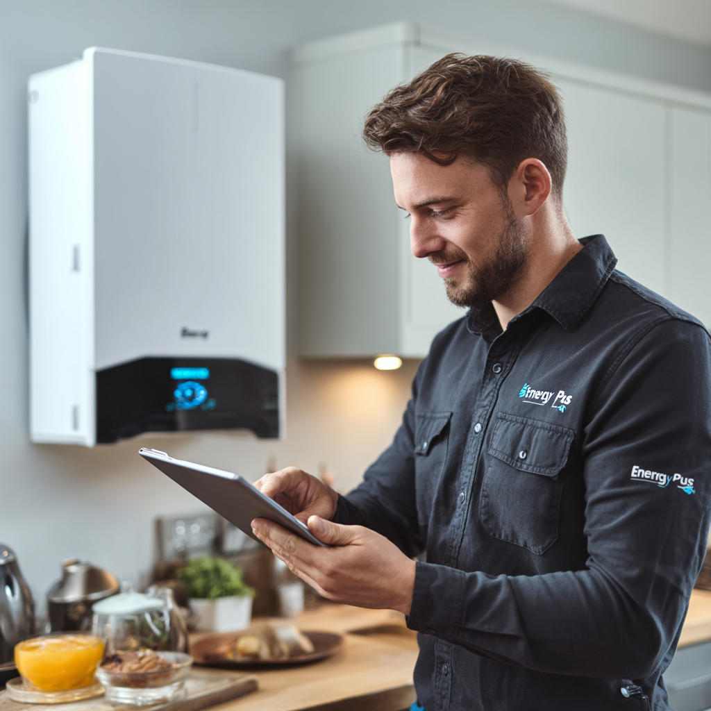 Gas engineer installing a new home boiler in the UK